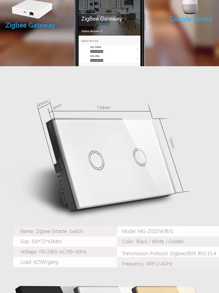 Smart Home Automation Touch Glass Panel 2Gang Smart Zigbee Wall Switch Compatible Alexa and Google Home Zigbee Switch - ANKUX.COM