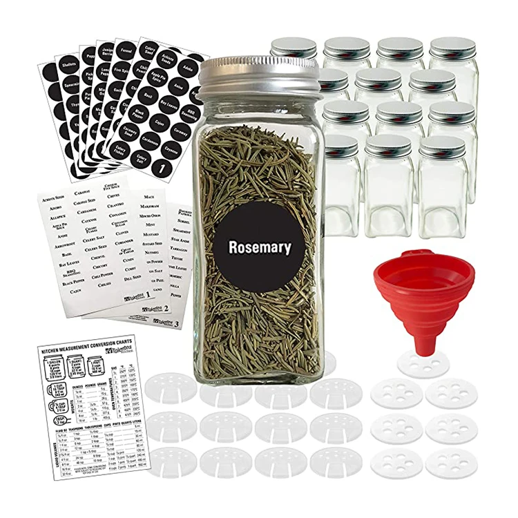 14 Pcs Glass Spice Jars With Spice Labels 4oz Empty Square Spice Bottles  Shaker Lids and Airtight Metal Caps 