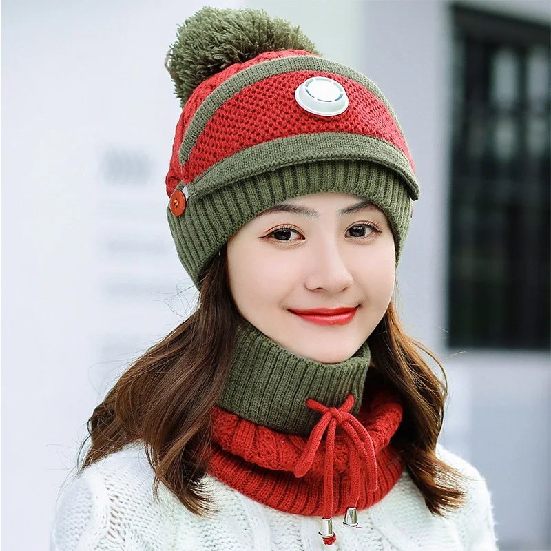 Shemax Knitted Hat Pompom Beanie Warm Scarf Anti Haze Face Cover Winter