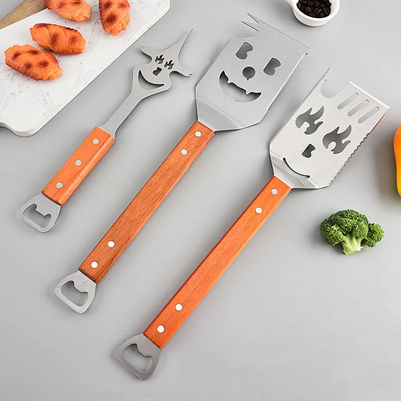 Multifunctional Stainless Steel BBQ Tool Set Outdoor BBQ Wooden Handle Fork Spatula Combination Set details