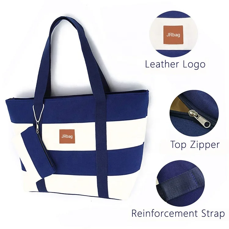 Simple Style Large Blue and White Stripe Ladies Shoulder Handle Canvas Beach Tote Bag with Pocket and Zipper for Travel and Shop