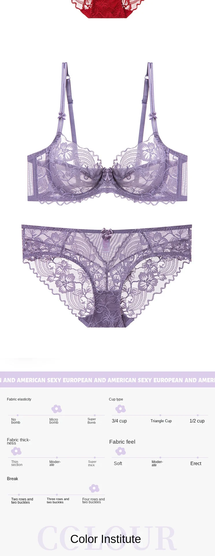 Pure Desire Summer French Bra Set Floral Patterned Breathable Lace Underwear for Big Chest High-Sexy Thin Cup Bikini Plain Dyed