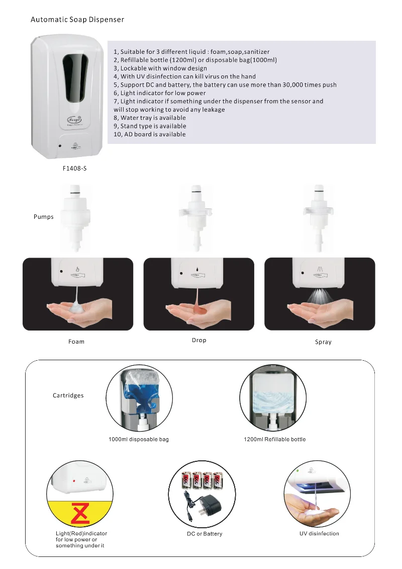 Bathroom Toilet 1000ml/800ml hand gel spray soap dispenser automatic with floor stand