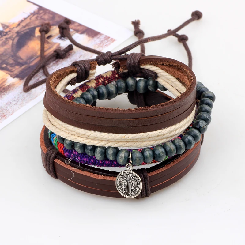mens charm  Multilayer Leather Beads Wooden  Ropes Hemp Bohemia combination beads wooden braided leather Bracelet