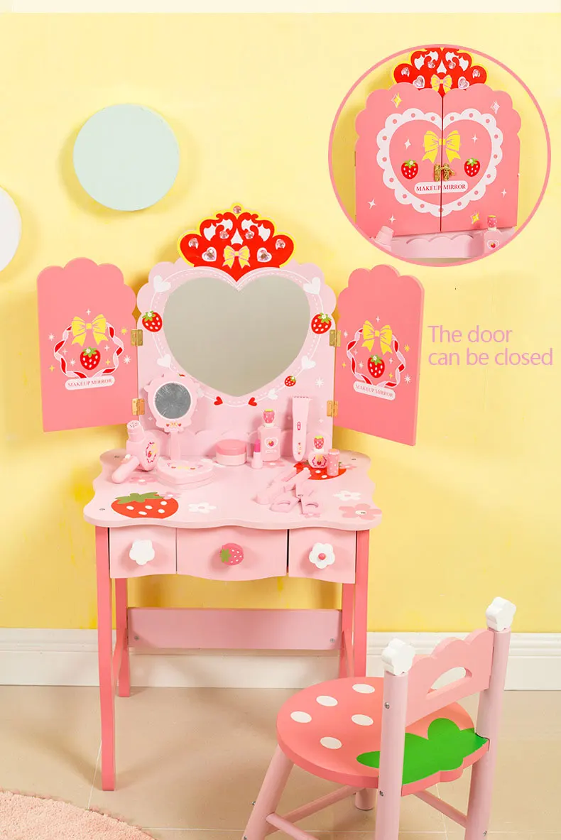 New Wooden Pink Princess Luxury Children's Dressing Table Set Toys