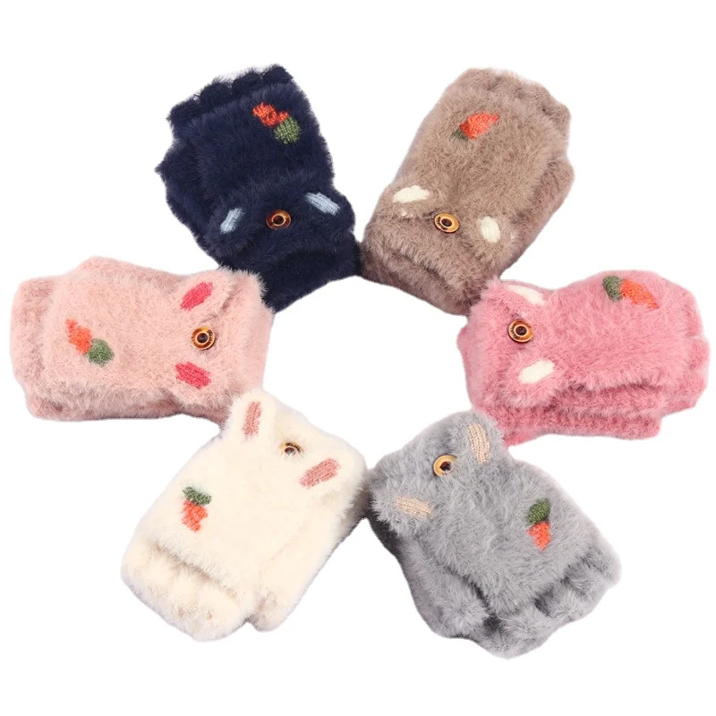 
Cute Rabbit Carrot Logo Winter Cartoon Kids Gloves cute finger less flip half-finger woolen knit for children writing 