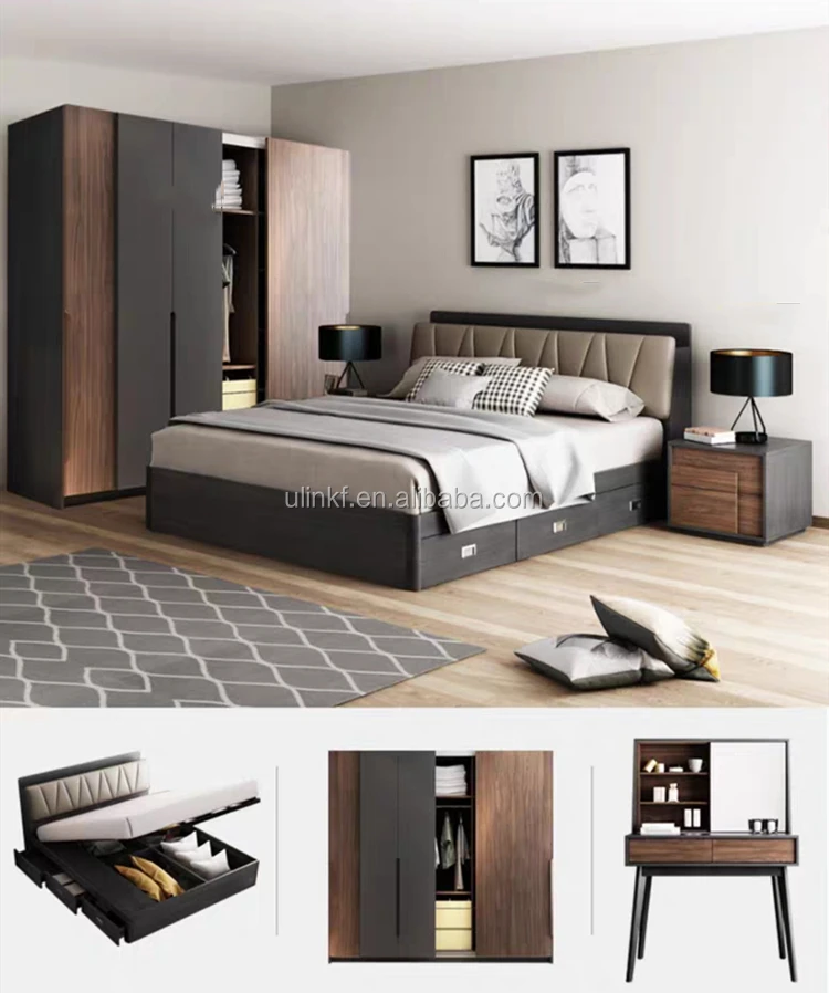Modern Bed Room Furniture Home Bedroom Set Wooden Hotel Queen Double