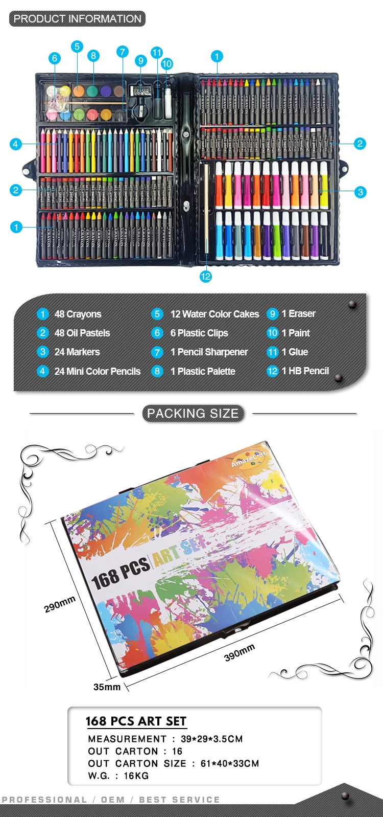 168 Pcs Professional Art set,Drawing kit,Colored Pencils and Oil Pastels  Crayons