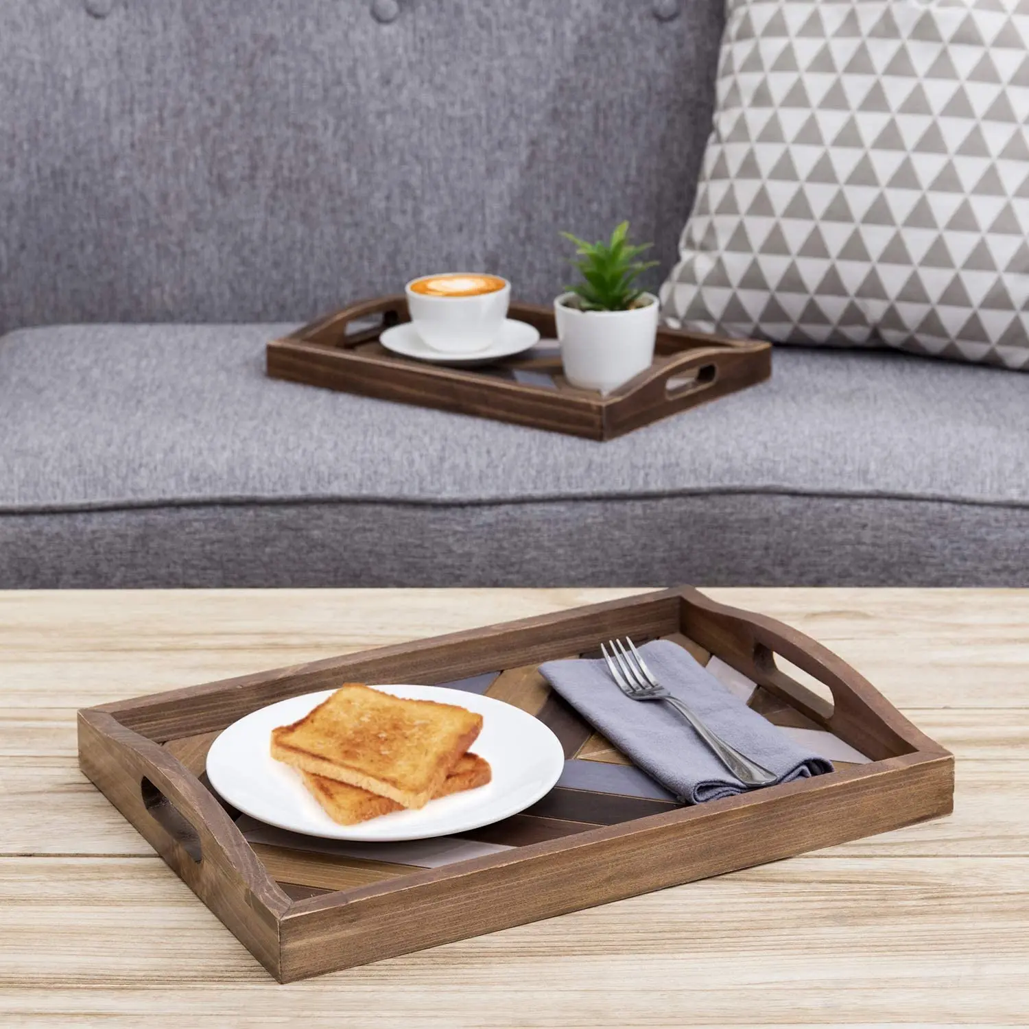 Rustic Chevron Pattern Rectangular Wood Breakfast Serving Tray With ...