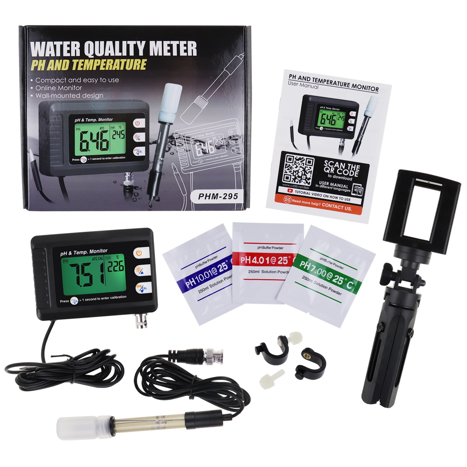 2 In 1 Ph & Temperature Continuous Monitor Ph Meter W/ Backlight Dual ...