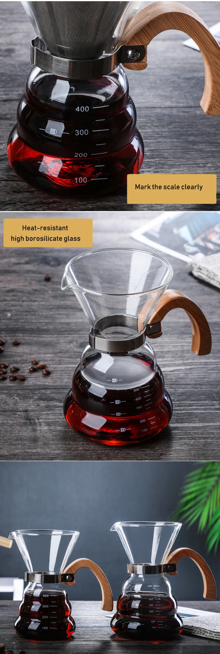 Hot Sale Coffee Glass Pot Coffee Drip Pot Borosilicate 2 Cup 4 Cup Coffee Pot With Wooden Handle