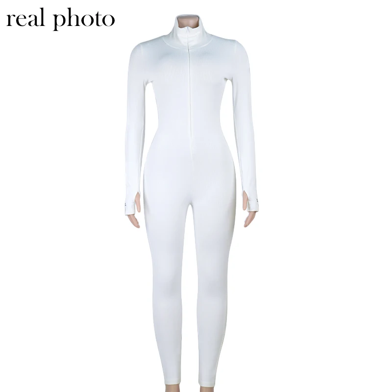 Sexy Onesie Romper Women Zipper Workout Bodycon Jumpsuit White Stretch