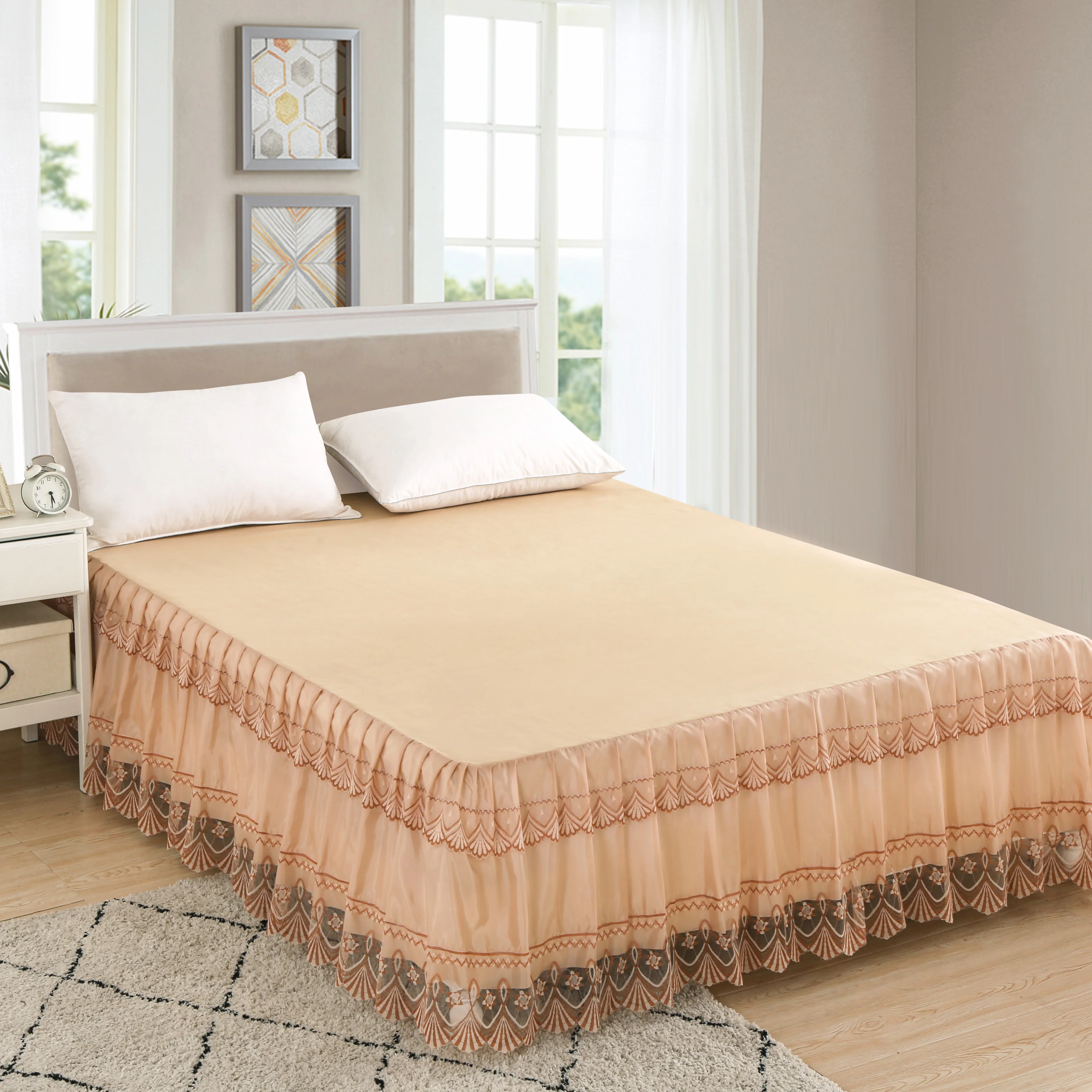 Embroidery Six Colour Lace Bedspread With Tassels Long Lace Bed Skirt