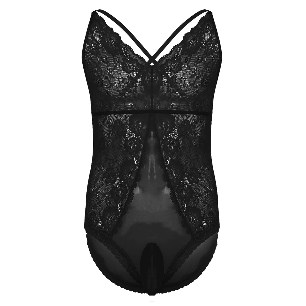 Mens Sheer Crossdress Lingerie Adjustable Spaghetti Straps Floral Lace Nightwear Women Type