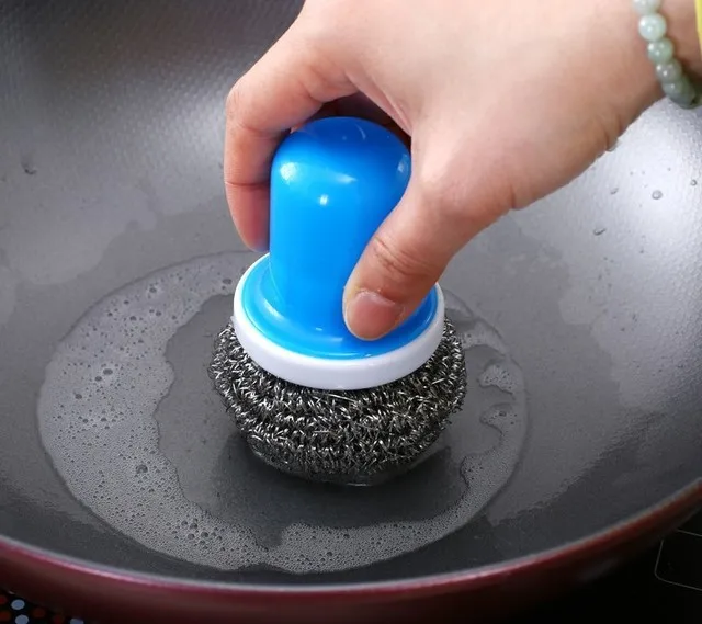 Stainless Steel Sponges With Detachable Handle Scrubbing Scouring Pad Steel Wool Scrubber For