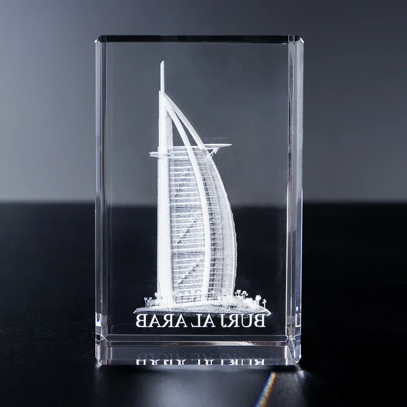 Hot Sale Dubai Hotel Building Crystal Cubes 3D Laser Engraved Religious Block Model Polished Technique souvenirs gift tourists supplier