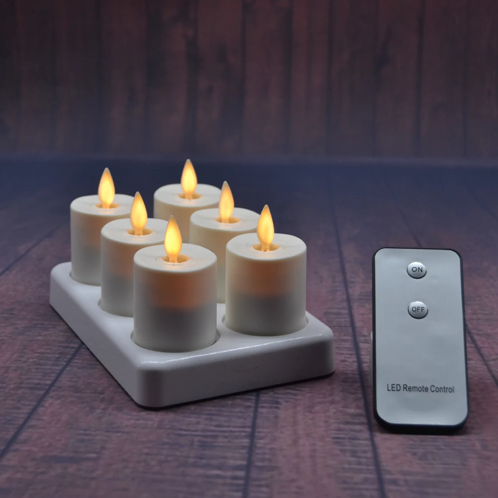 6 Base Rechargeable Ivory Dancing Flame Flickering Small Candle Led Flameless Tea Light Candle Set