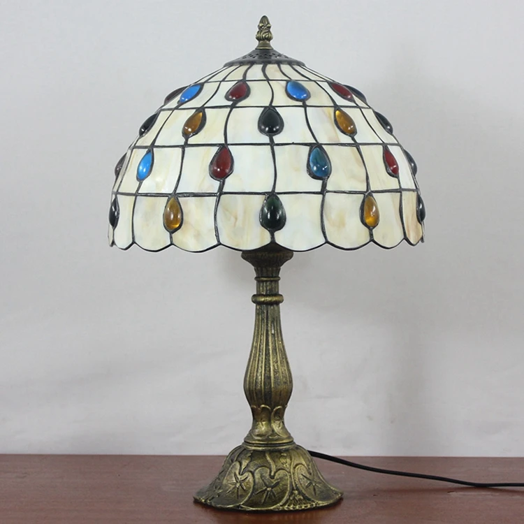 12 inches European simple colored bead Tiffany glass lamp Bedroom bedside lamp DIA30CM Alloy base LED tifany desk lamp