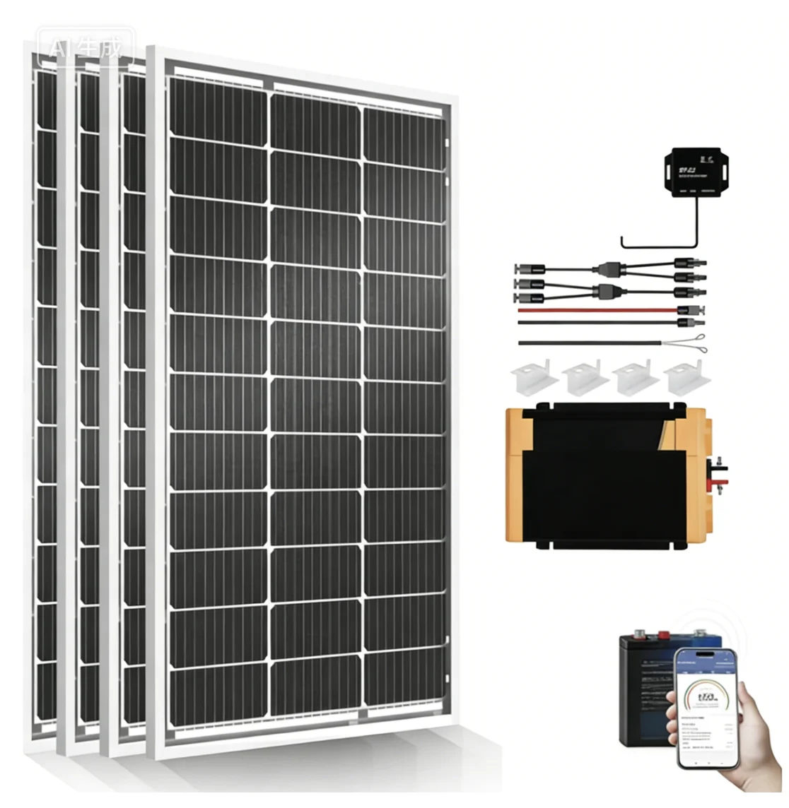 Renogy 100W starter kit with MPPT controller, MC4 cables, and mounting brackets laid out on grass