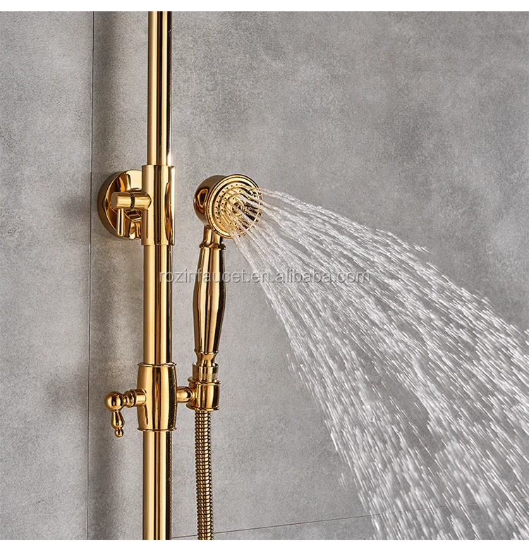 8" Gold Shower Faucet Set Rain Round Shower Heads With Hand Held Spary Mixer Tap 