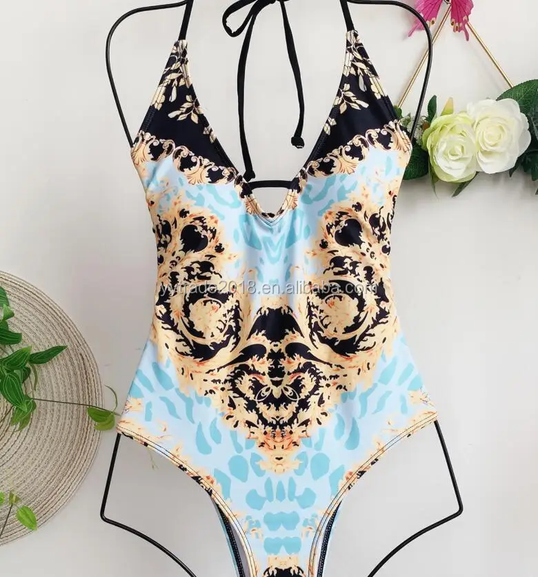 新股2 色打印深 v领系带背泳装性感连体泳衣