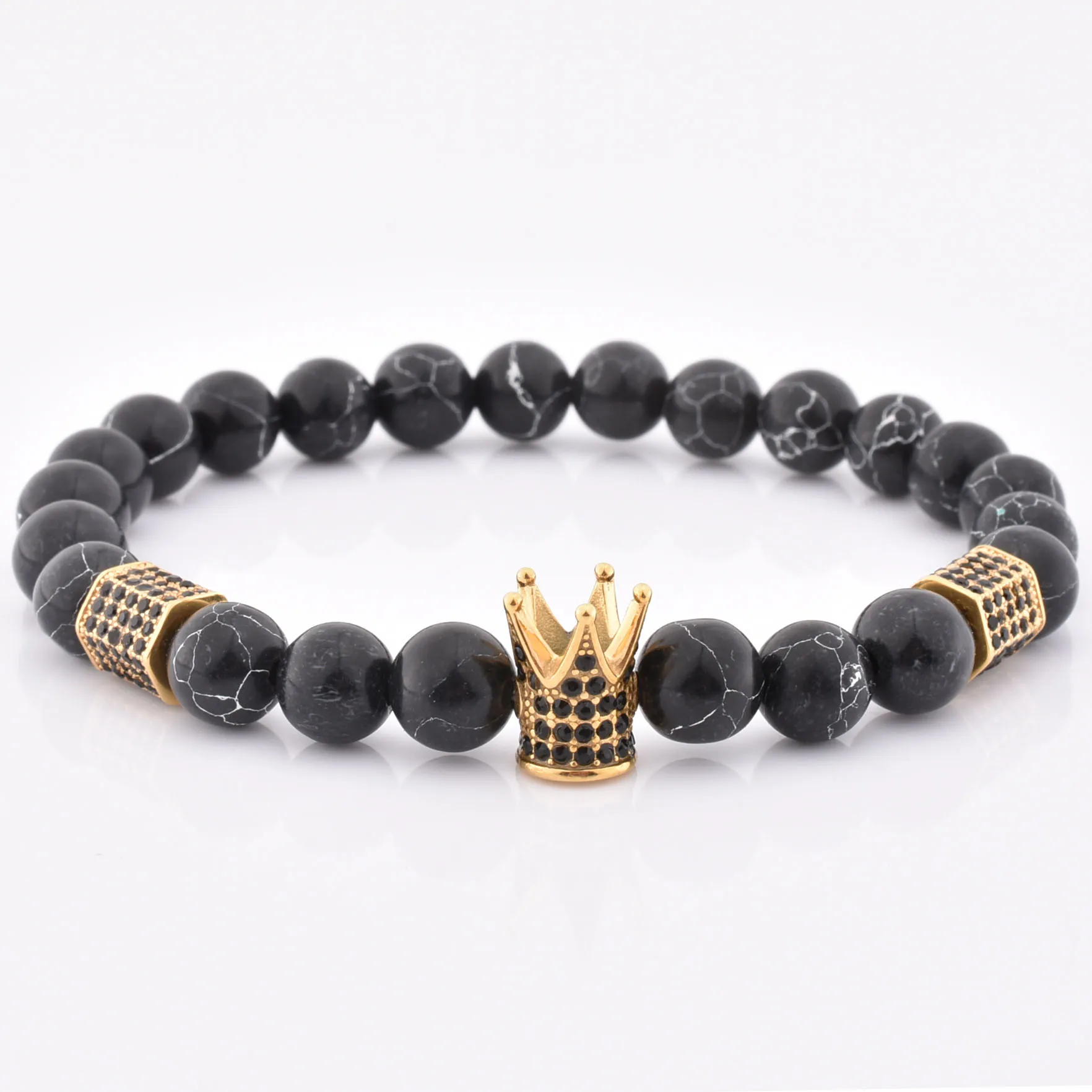 Silver Charm Black Diamond Beaded Jewelry Stretch Malachite Stone Bracelet