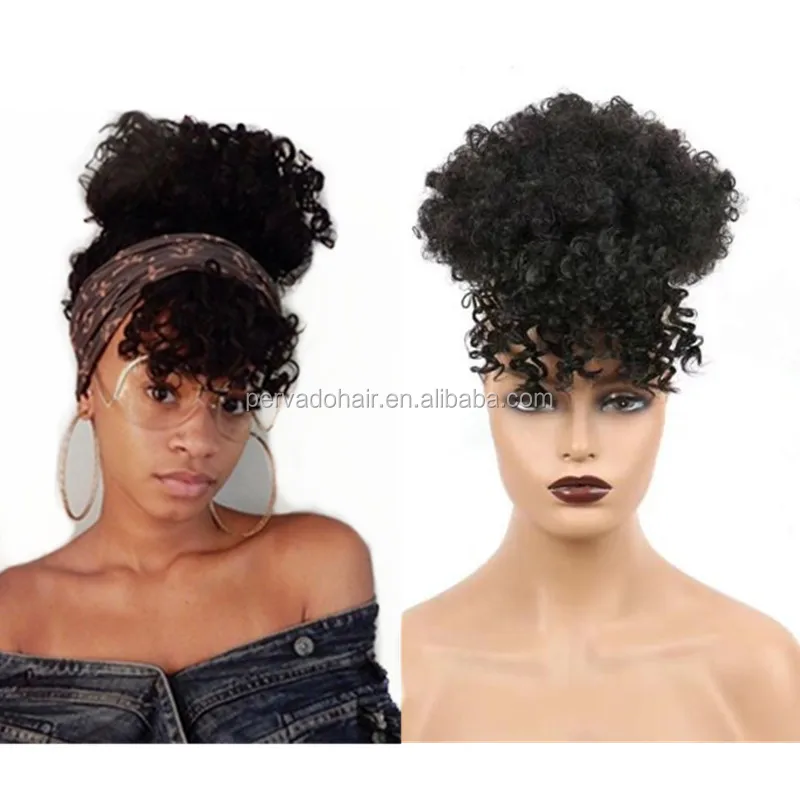 New Summer Hairstyle Afro Bun Chignon With Curly Bangs Premium Synthetic  Pretty Quick Bun & Bang Clip In Hairpiece - Buy Messy Natural Elastic Curly  Hairpiece Extension Scrunchies Tail Updo Afro Ponytail