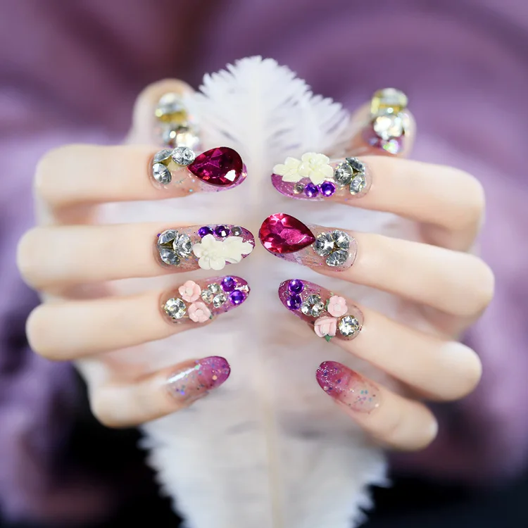OMG Pearl Shiny pinky Glittery Extra Long Stiletto Faux Ongles Press on Nails With Sticker