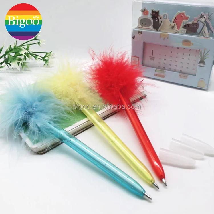 Colorful pompom ballpoint pen with feather color matched barrel color 0.7mm refill for promotional or gift