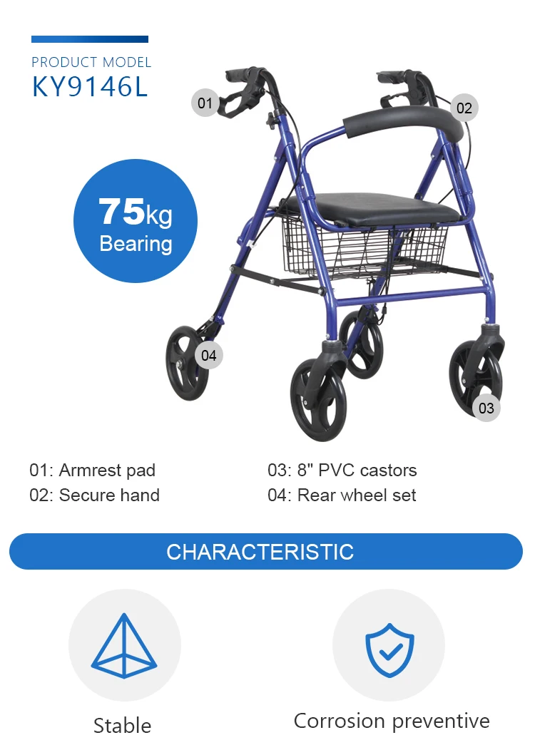 Kaiyang KY9146L Aluminum Frame 4 Wheeled Four Wheel Walker With Seat Deluxe Design Heavy Duty Rollator