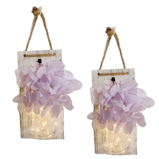 Timer Function Mason Jar Sconce Rustic Home Wall Decor with LED Fairy Lights Purple Hydrangeas with 8 modes remote