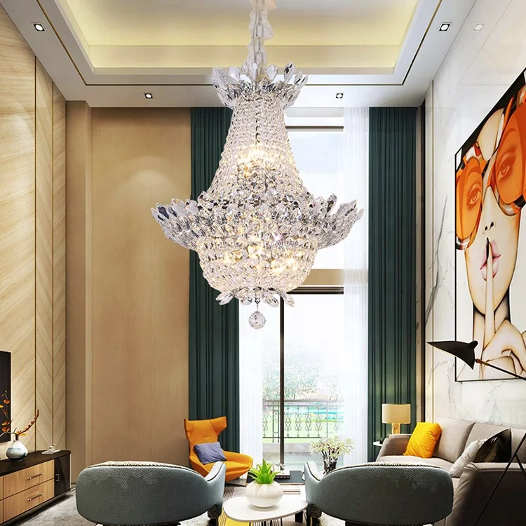 zhongshan vintage luxury style k9 crystal high ceiling hanging hotel classic drop pendant light
