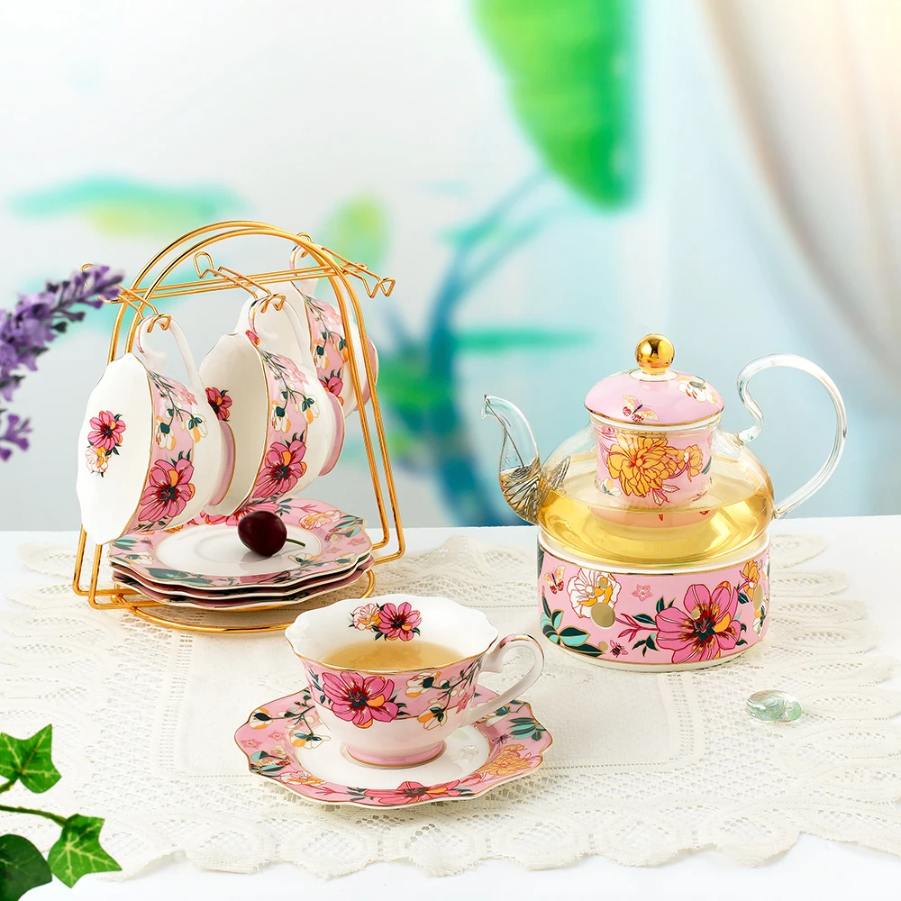 Luxury New style Elegant design ceramic Bone China tea set coffee cup and saucer with tea pot and 2 tires cake stand for gift factory