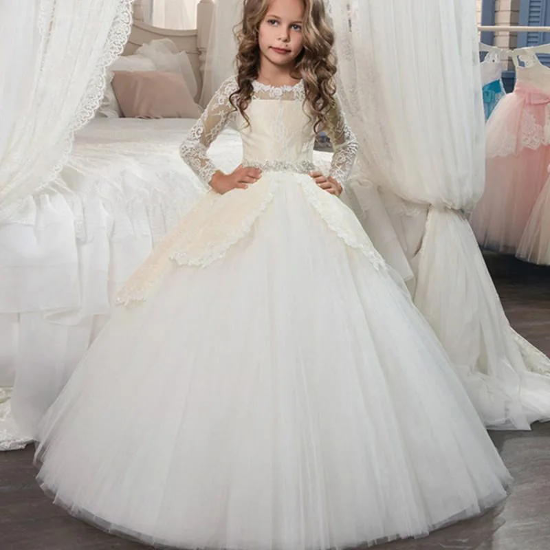 New Western Flower Girl Dress Wedding Gowns Puffy Lace Long Sleeve ...