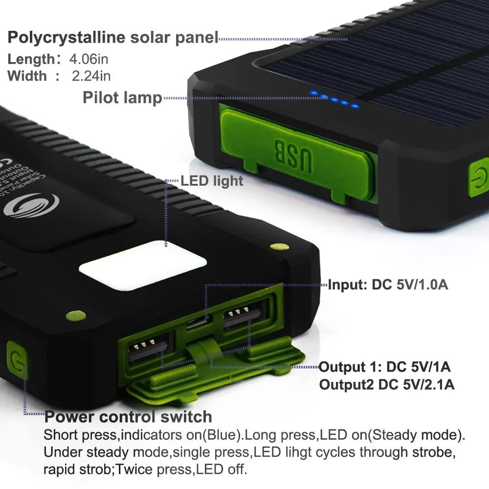 10000mah Solar Power Bank Waterproof Solar Charger 2 Usb Ports Travel