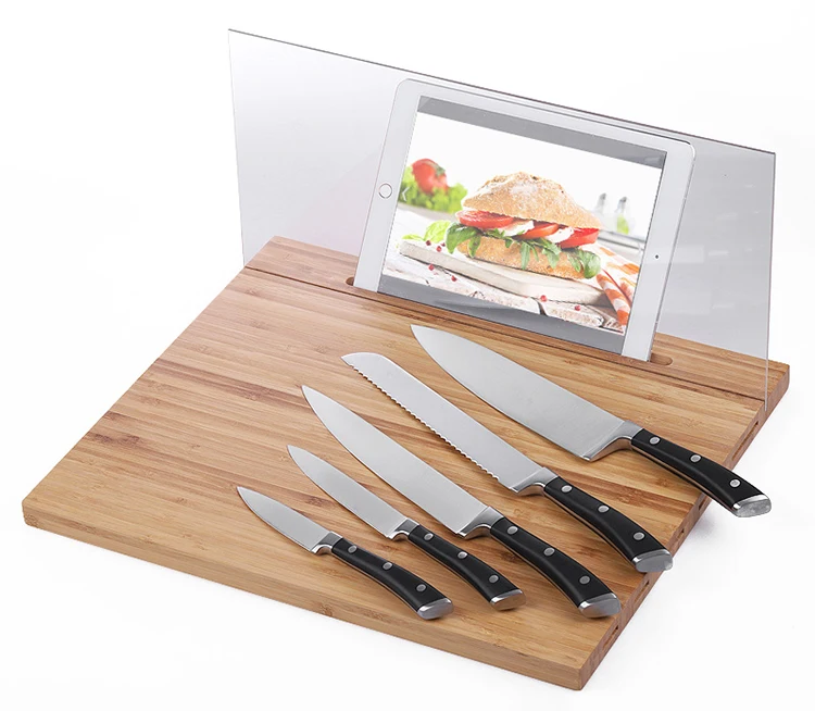 Droppable Ipad Multifunctional Acrylic Bamboo Cutting Board with Screen Shield and Knife Storage