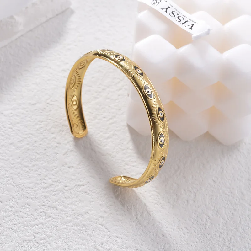 Non Tarnish Waterproof Bangles Enamel Devil Eye 18k Pvd Gold Plated ...