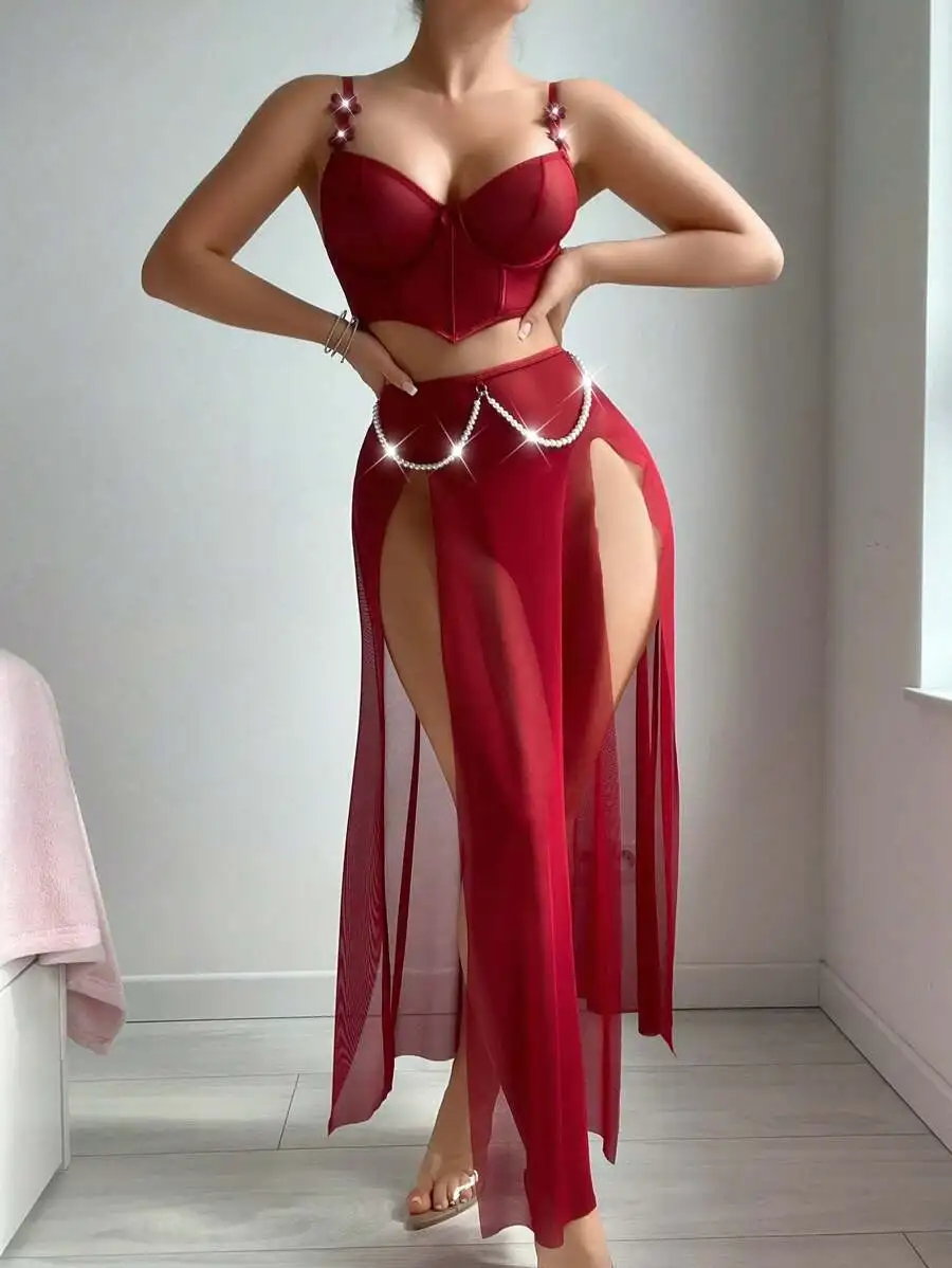 European American New Style Sexy Women's Embroidery Breathable  Mesh Split Long Skirt Two-Piece