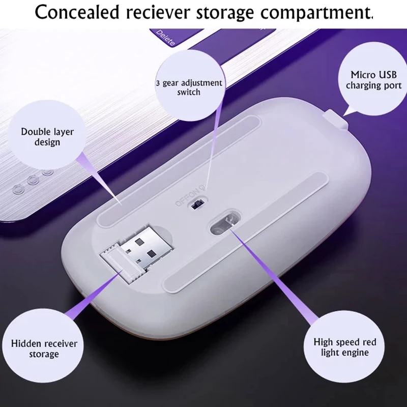 Thin Slim 2.4G Optical Computer Mouse 1600 DPI Adjustable RGB Gaming Mouse Rechargeable Wireless Mouse