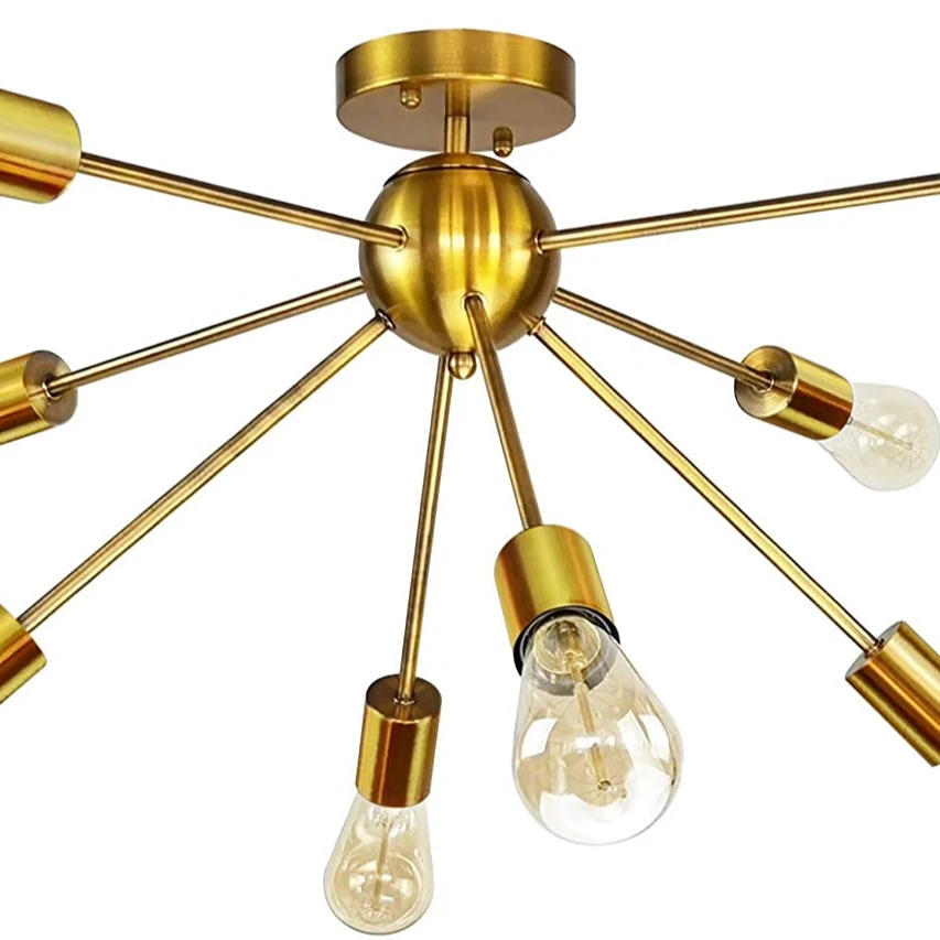 Modern Semi Flush Mount Brushed Brass 8-Light Sputnik Ceiling Chandelier Light