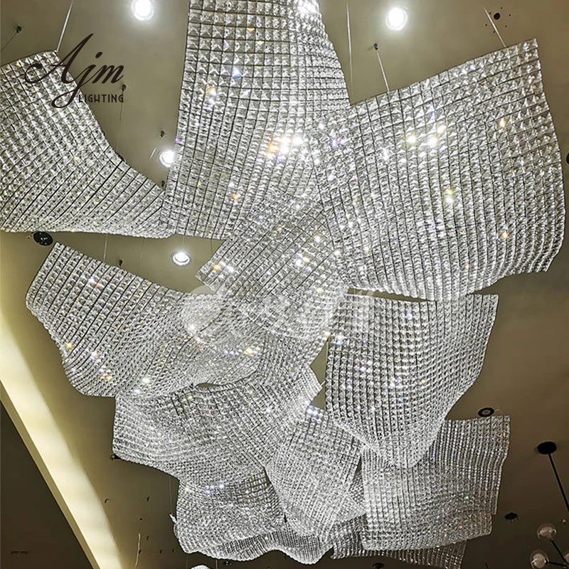 indoor light fixtures Office Lobby Customized Lights Clear Crystal Square LED Large Chandelier Modern Pendant Light for hotel