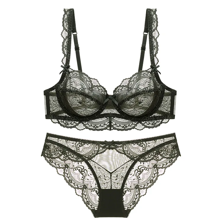 Women's Ultra-Thin Non-Sponge Transparent Lace Bra Set Floral Embroidered Sexy Underwear Large Chest Breathable Plain Dyed Waist