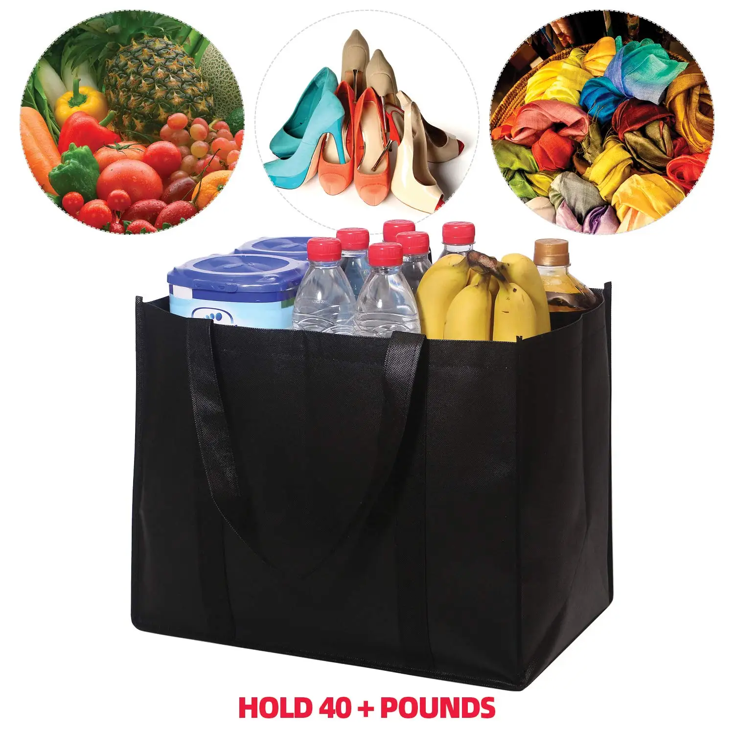 Set Of 10 Reusable Grocery Bags Black Shopping Tote Bags With