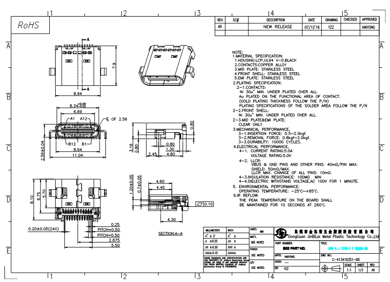 USB 3.1 Type C Male Receptacle Socket Smt Connector