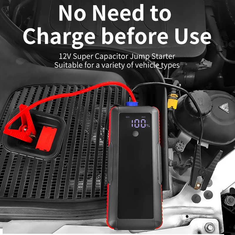 Compact 12V lithium jump starter with USB-C port and clamp connectors