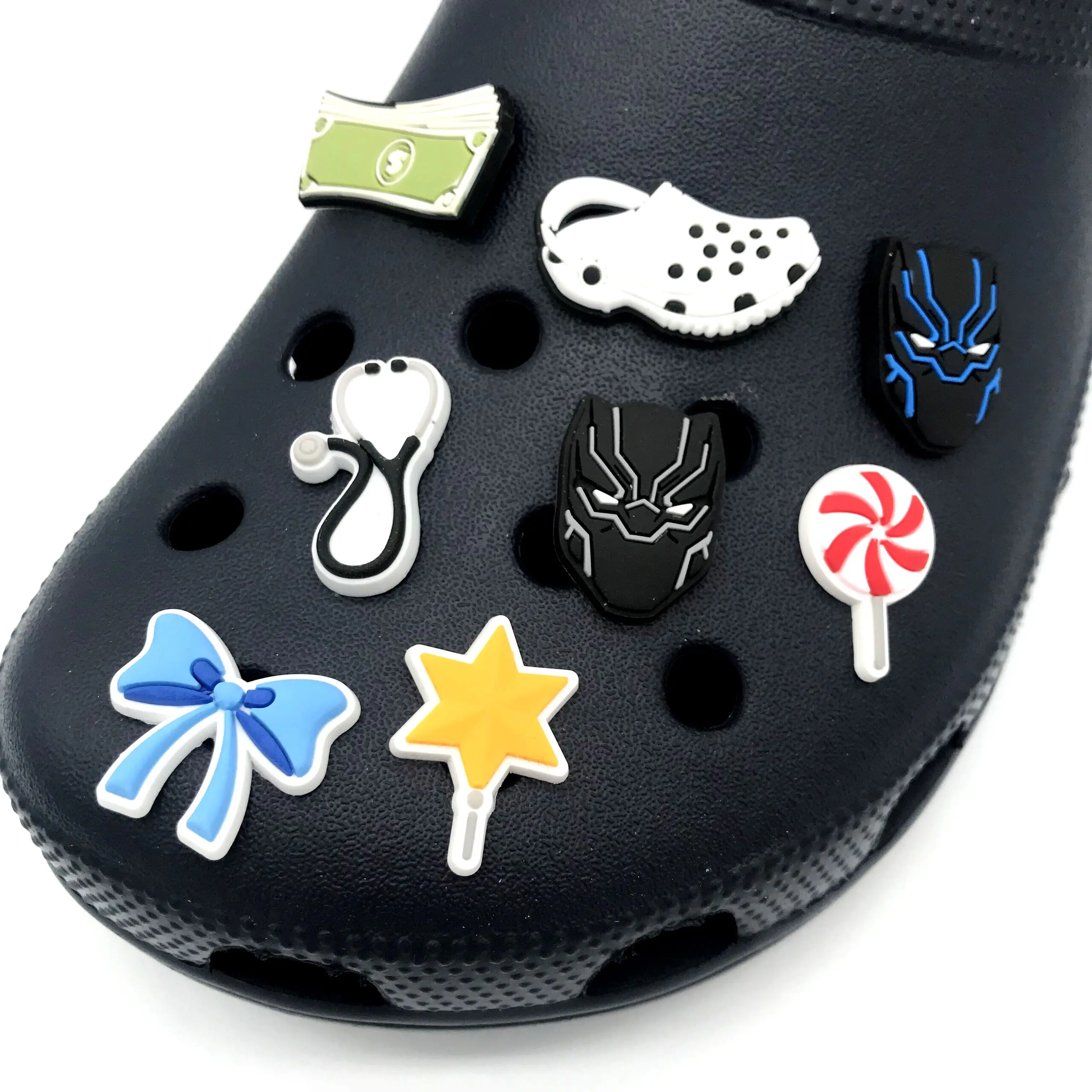 Mix custom cartoon black panther cute soft pvc shoes croc buttons sandals charms jibbitz for 