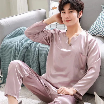 UUYUK-Men Summer Sleepwear Silk Stain Short Sleeve Pajama Shorts and Top Set