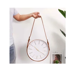 2021 Gold Wall Clock Nordic Vogue Mute Movement Glass Clock Minimalist Home Decor PU Leather Belt Hanging Clock