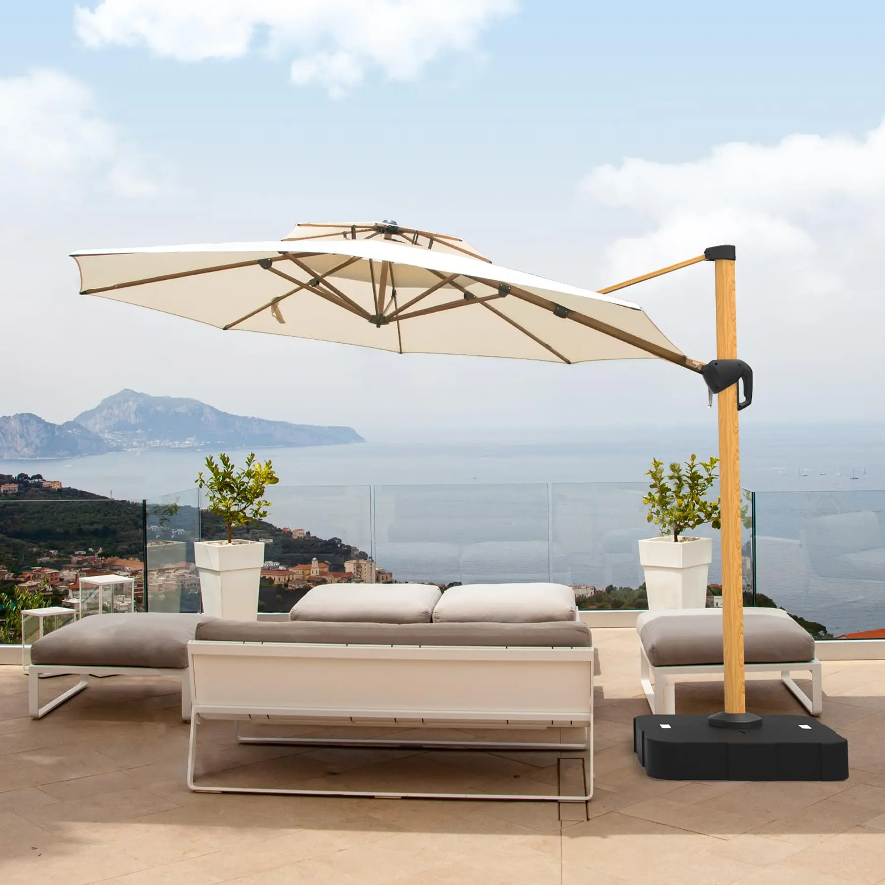 large offset patio umbrella PatioKingdom Cantilever with Base, Outdoor Umbrella 11FT / Beige open and close freely Purple Leaf, Cantilever Square Patio