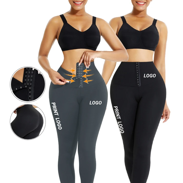 

Custom Logo 2020 2 In 1 Hooks High Waist Abdominal Control Waist Trainer Corset Fitness Women Yoga Leggings, As show